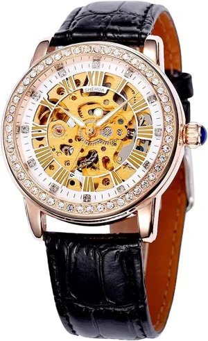 tonal Skeleton Display Design Luxury Lady Automatic Watches Luminous Hands Black Genuine Leather Carlien Elegant Women Diamond 