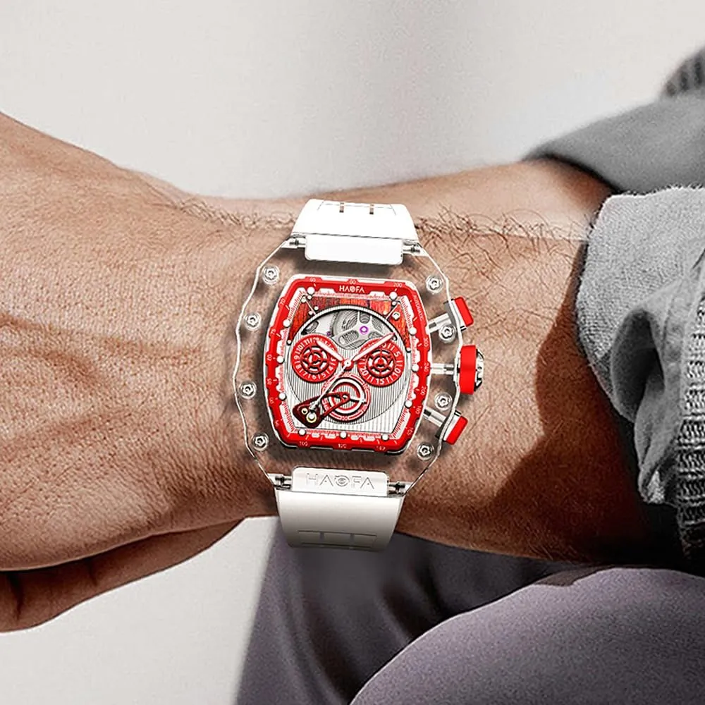 Tonneau Mechanical Wristwatch for sand equivalent sleek drift suitcase Men Luminous Waterproof Fashion Sport Watches with Rubber Strap 2368 Haofa K9 Crystal Glass Transparent Chronograph Automatic Men Watch 