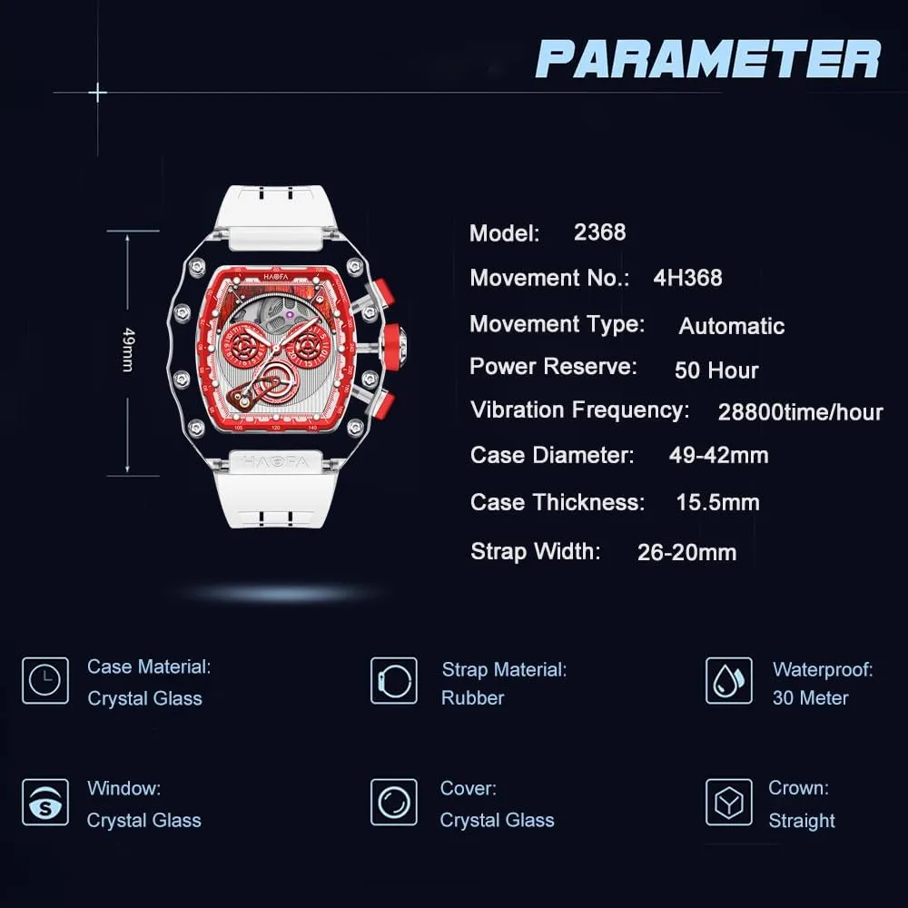 Tonneau Mechanical Wristwatch for sand equivalent sleek drift suitcase Men Luminous Waterproof Fashion Sport Watches with Rubber Strap 2368 Haofa K9 Crystal Glass Transparent Chronograph Automatic Men Watch 