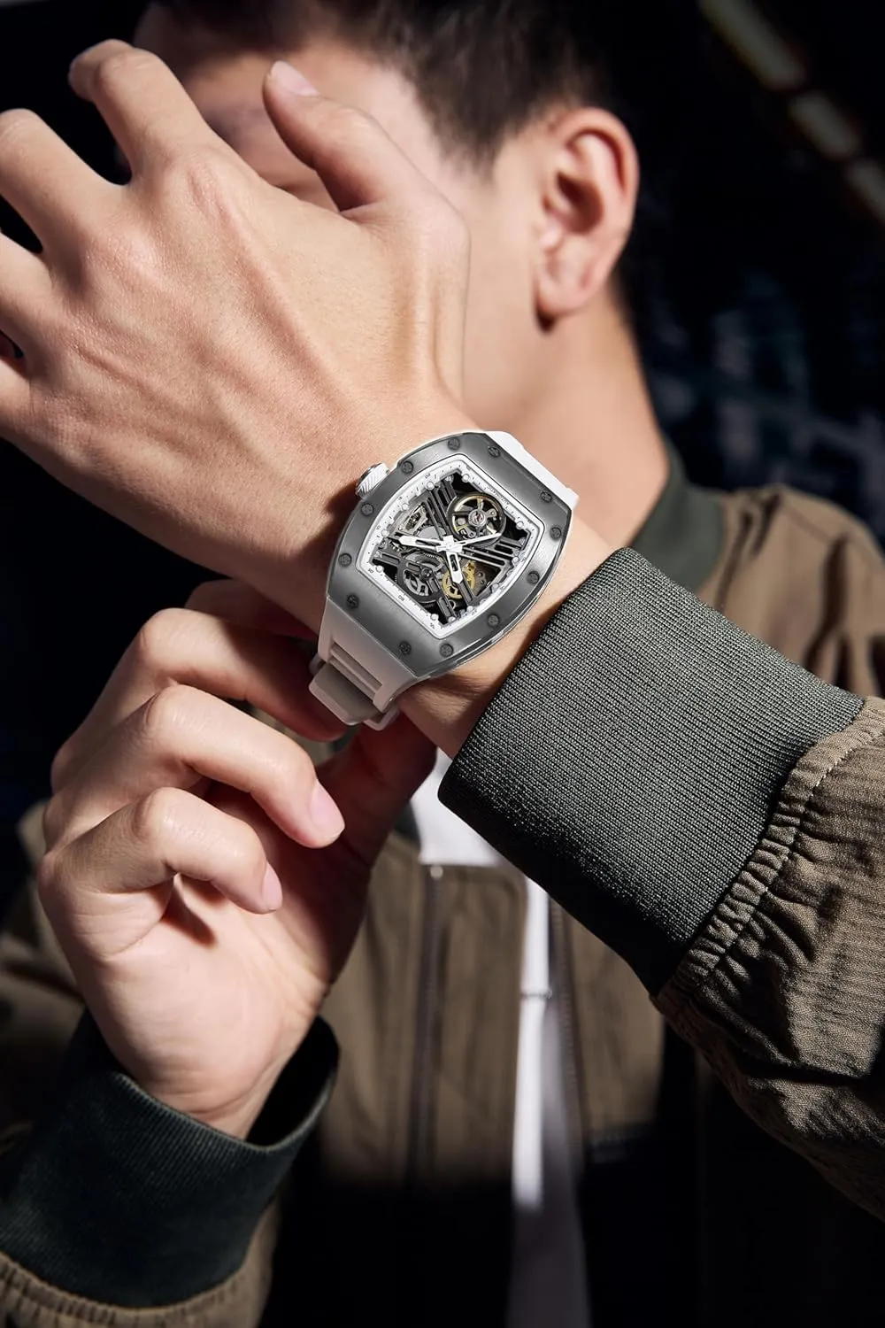 Tonneau package bud Dial Silicon Band Automatic Watch for Men Men Watches Luxury Sport Analog Watch with 3ATM Waterproof Luminous Chronograph 