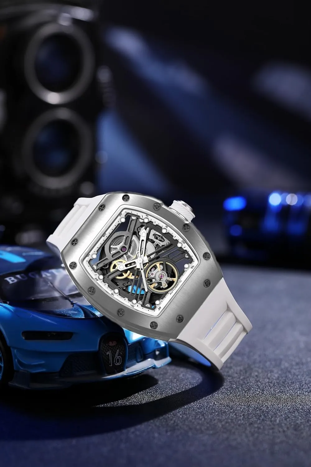 Tonneau package bud Dial Silicon Band Automatic Watch for Men Men Watches Luxury Sport Analog Watch with 3ATM Waterproof Luminous Chronograph 