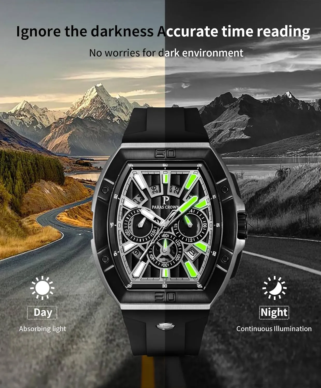 Tonneau Watches for Men Japanese Movement Stainless Steel Case Luminous Sport Watch Mens metallic Watches Analog Quartz Luxury 50M Waterproof 