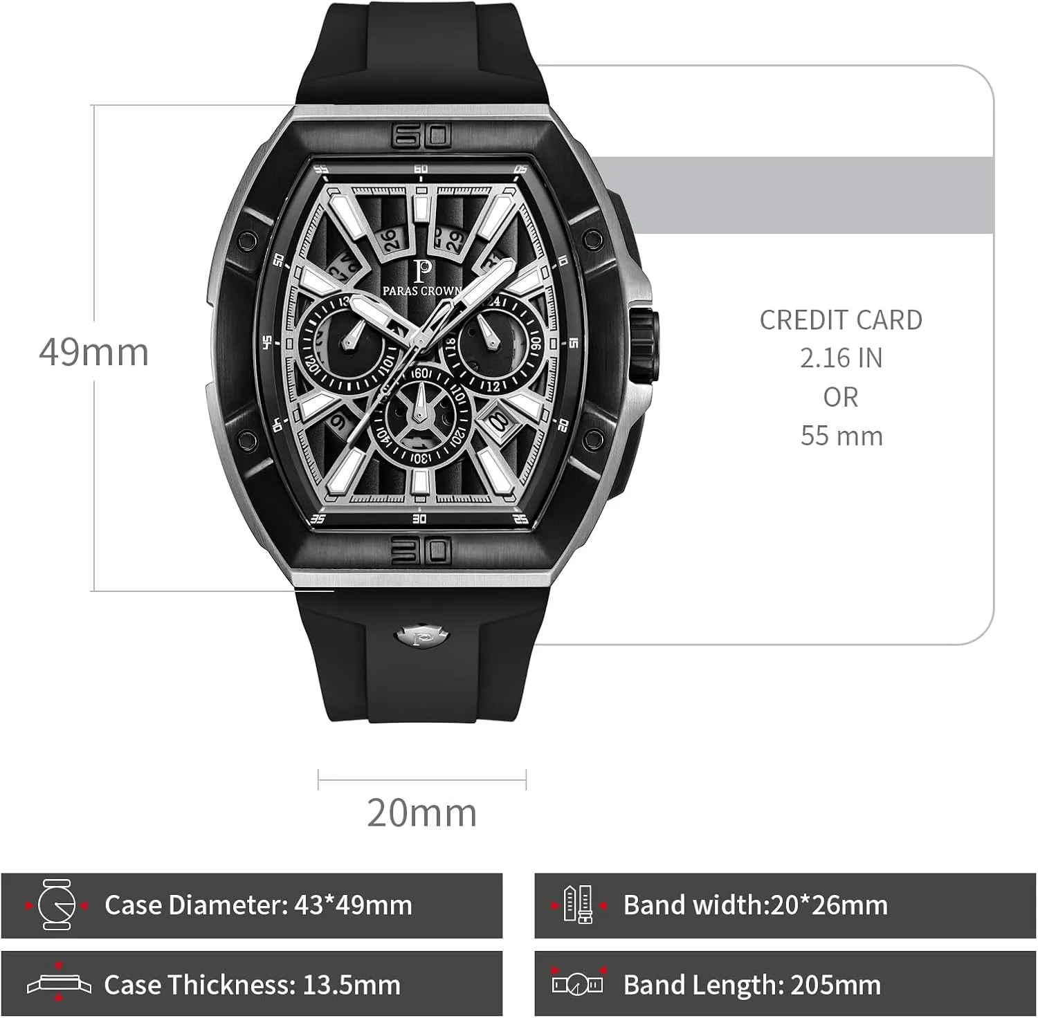 Tonneau Watches for Men Japanese Movement Stainless Steel Case Luminous Sport Watch Mens metallic Watches Analog Quartz Luxury 50M Waterproof 