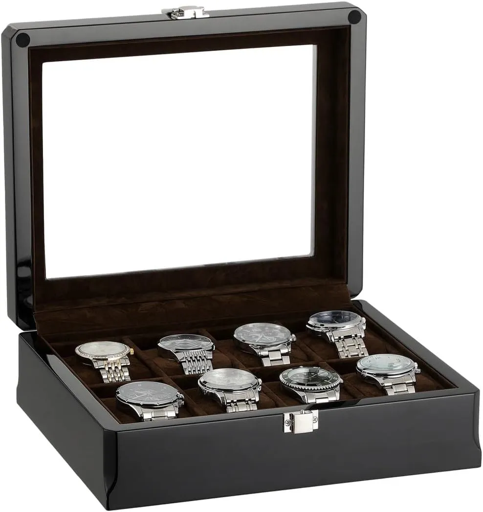 Top, Glossy Lacquer Finish, hairlike forum Watch Display Case, Gift Box for Men Luxurious Wooden 8-Slot Watch Box with Glass 