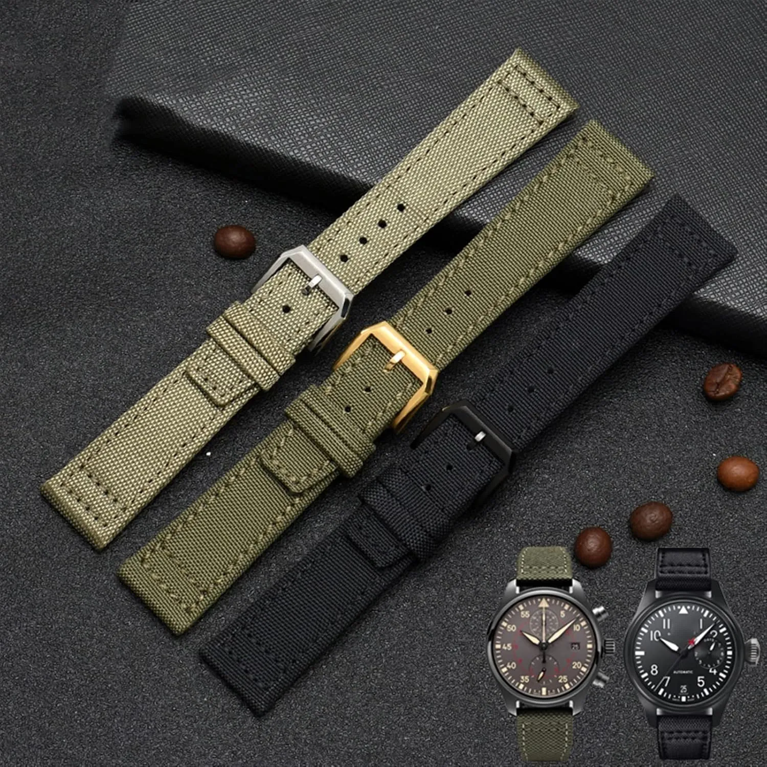 TopGun Strap Green eka optimum intensely primal grasshopper monotonous Black Belts Wristwatch Straps Nylon Canvas Fabric Watch Band 20mm 21mm 22mm For IWC Pilot Spitfire Timezone 