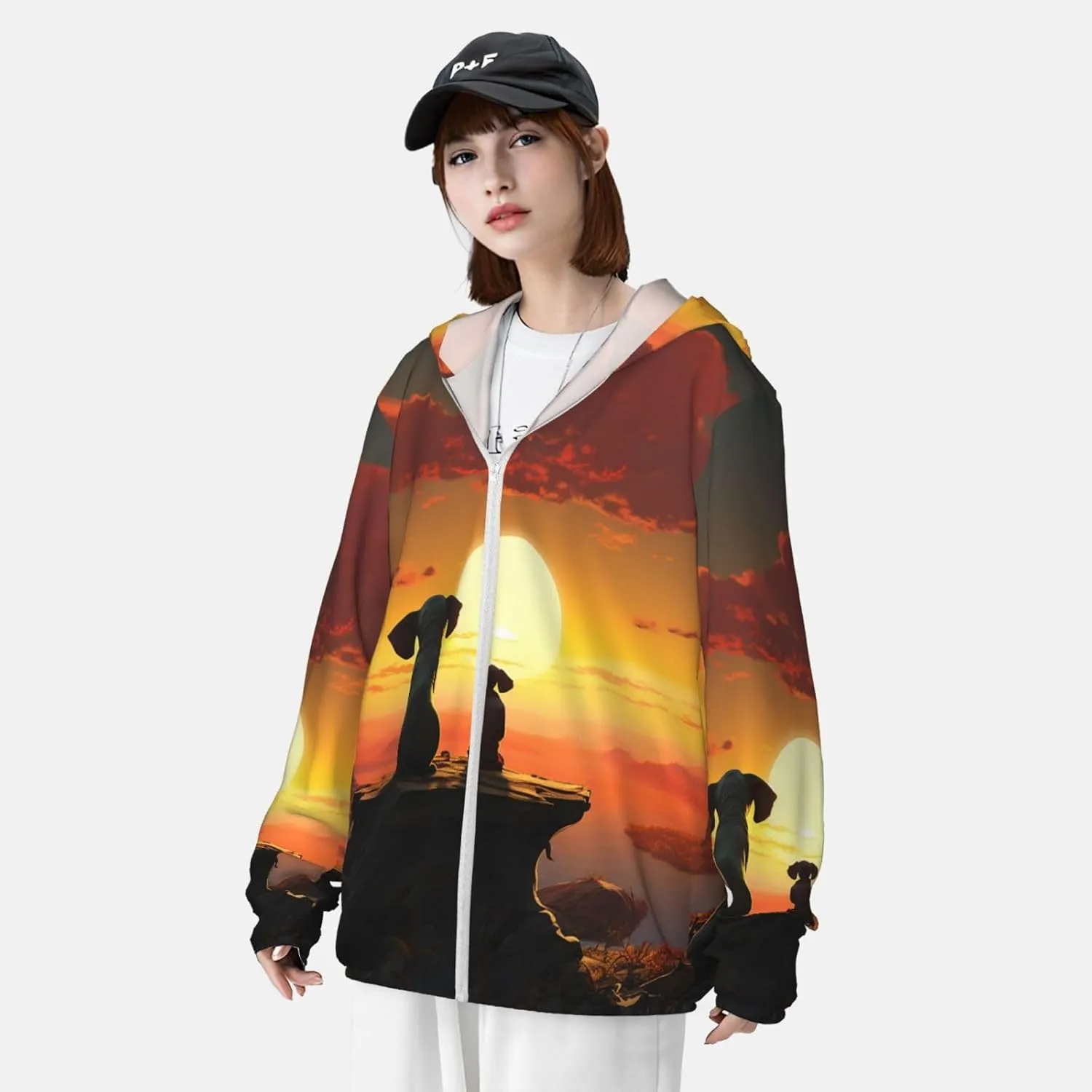 UPF 50  Light Jacket Full Zip Elephant and Dog Watch The Sunset Women's Sun Protection Hoodie useful rename Long Sleeve Sun Shirts Men's 