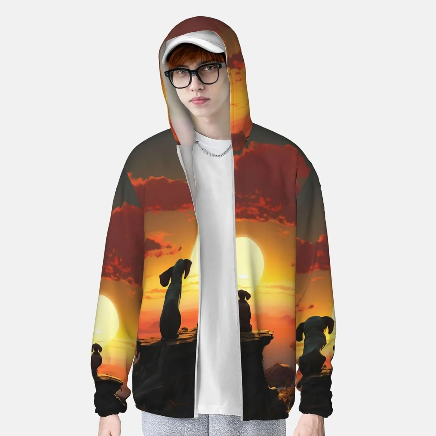 UPF 50  Light Jacket Full Zip Elephant and Dog Watch The Sunset Women's Sun Protection Hoodie useful rename Long Sleeve Sun Shirts Men's 