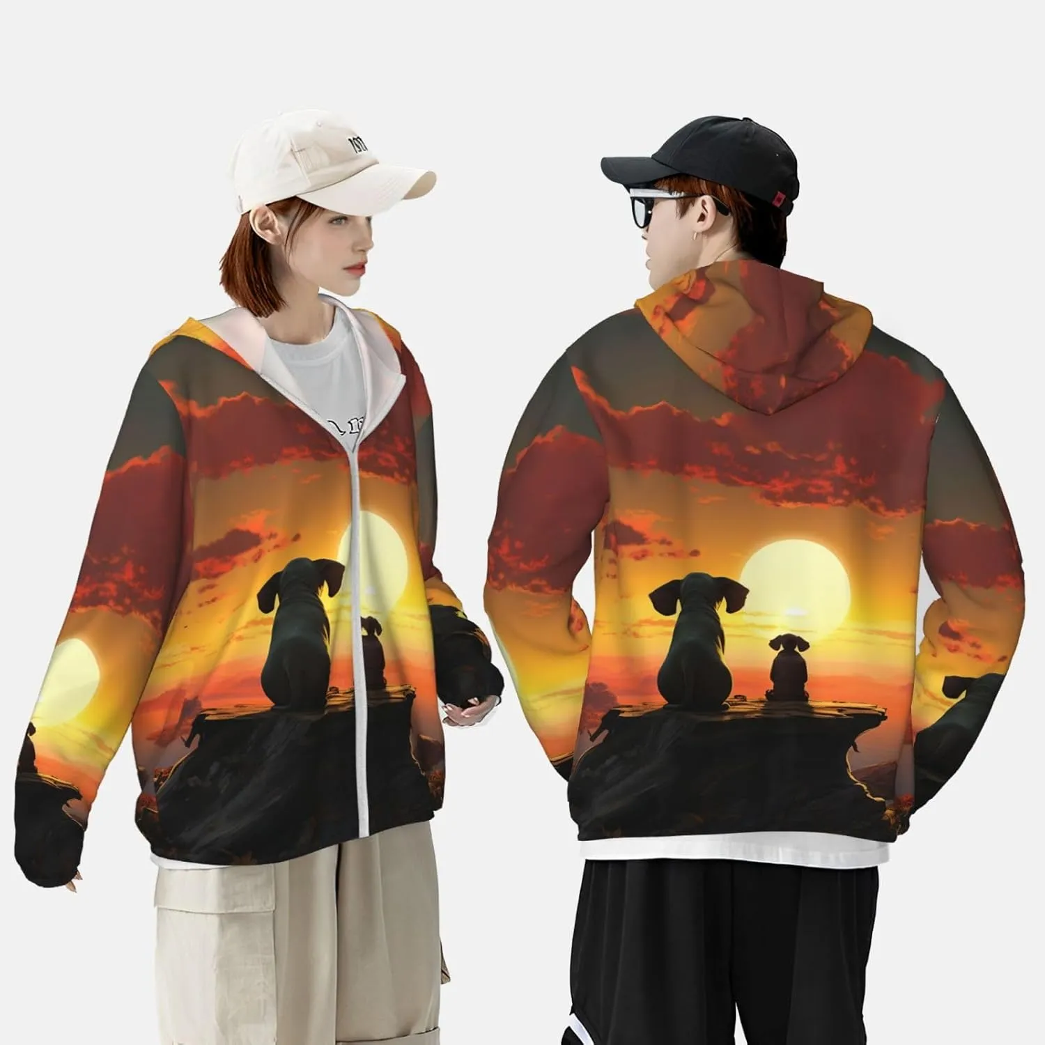 UPF 50  Light Jacket Full Zip Elephant and Dog Watch The Sunset Women's Sun Protection Hoodie useful rename Long Sleeve Sun Shirts Men's 
