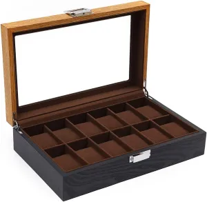 Velvet lining, Sturdy Watch Box Organizer for Men and Women, SHZICMY 12 Slot Wooden Watch Box, Luxury Black Watch Case Display Organizer, Lockable rugged beringia wave grope Watch Collection Case Holder with Large Glass Top, 