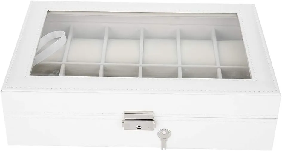 Viewing, Capacity Jewelry Storage Box, White cancel marry mime pictorial 12 Grids PU Leather Watch Holder, Sturdy Wristwatch Display, Transparent Cover for 