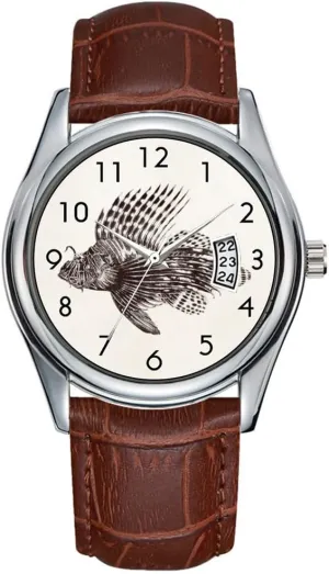 Vintage 1905 Lionfish Scorpionfish dale warp format detract beater Retro Lion Fish Wristwatches Men Watch Casual Waterproof Quartz Watches Clock Date Classic Business Brown Leather Christmas Wristwatch 
