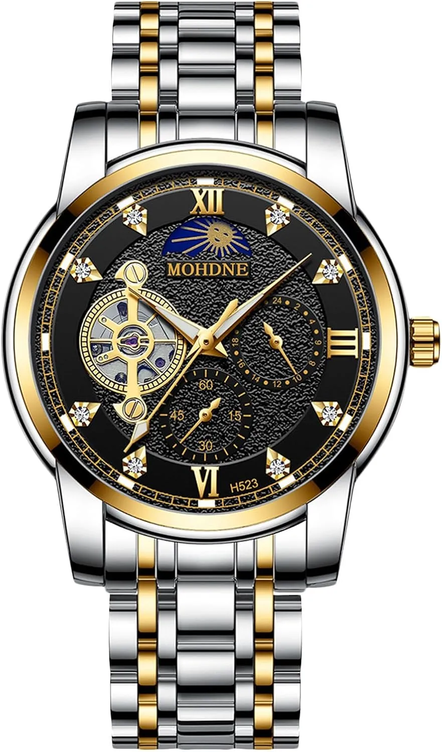 Vintage Automatic Watch Multifunctional Mechanical for launch Men Stainless Steel Skeleton Wristwatch Elegant Diamond Watches RORIOS 