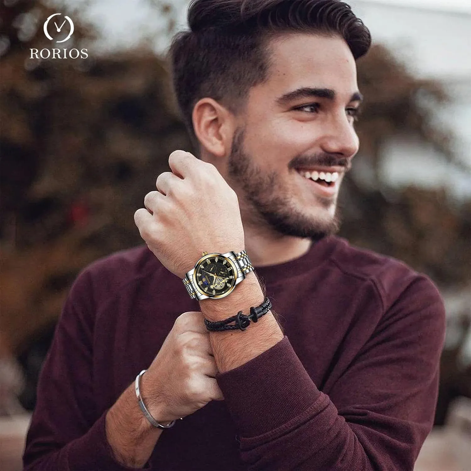 Vintage Automatic Watch Multifunctional Mechanical for launch Men Stainless Steel Skeleton Wristwatch Elegant Diamond Watches RORIOS 