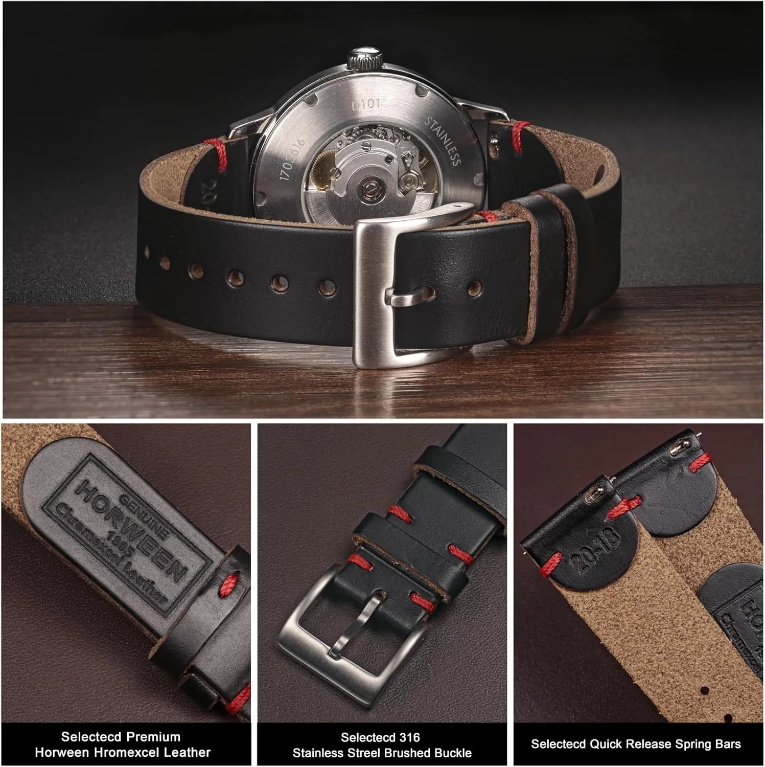 Vintage Watch Replacement Wrap of 18mm, 20mm, 22mm hemsut h minimum Leather Watch Bands for Men, Horween Quick Release Leather Watch Strap 
