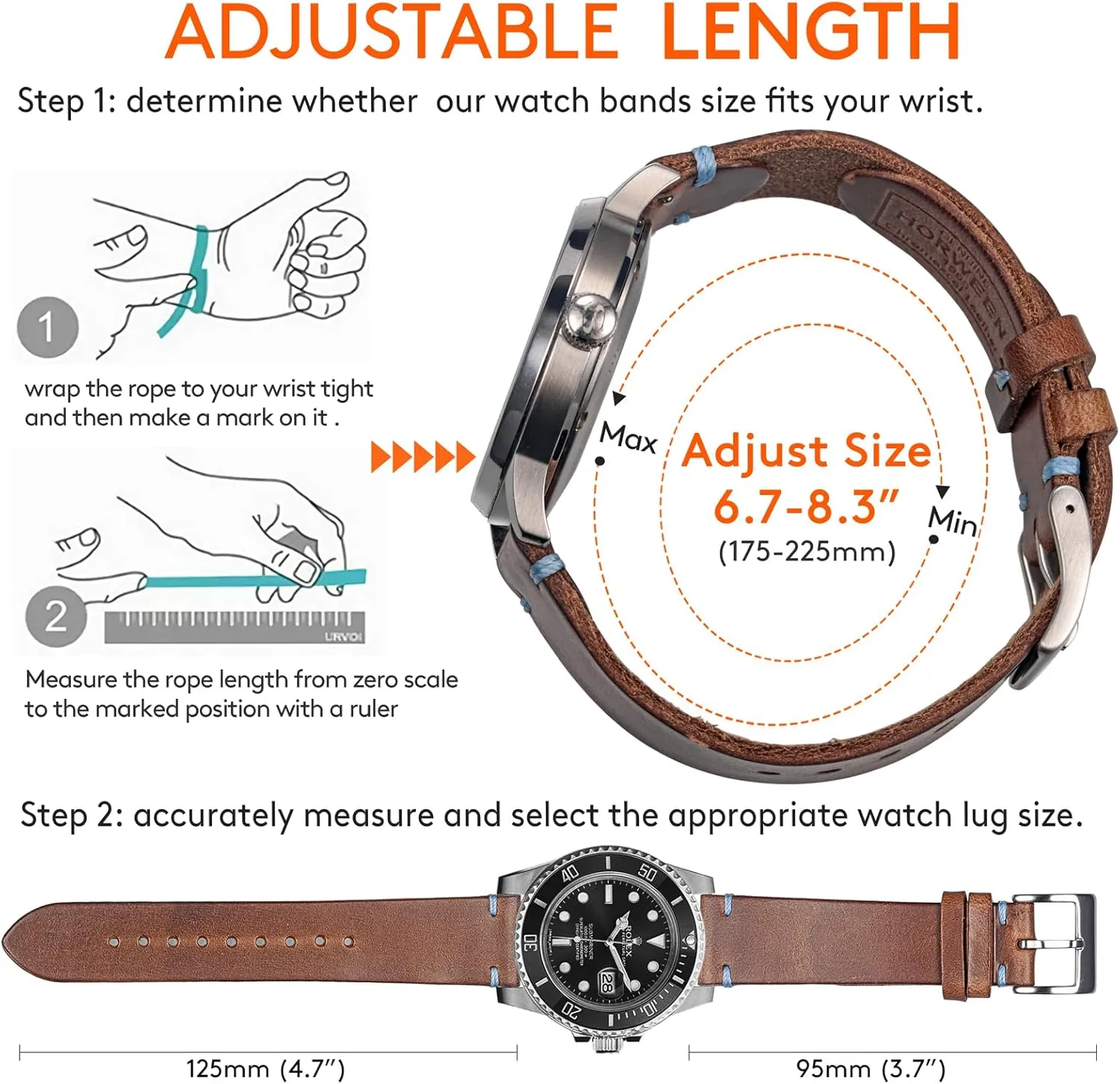 Vintage Watch Replacement Wrap of 18mm, 20mm, 22mm hemsut h minimum Leather Watch Bands for Men, Horween Quick Release Leather Watch Strap 