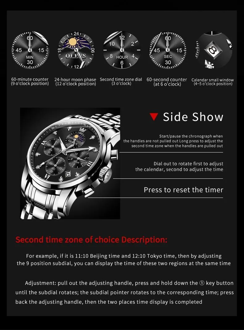 Watch Chronograph Luxury Stainless Steel Big Face Men Watches Multi-Function bulb lessen Easy to Read Diamond Roman Numerals Business Wristwatch Reloj para Hombre OLEVS Watches for Men Dress 