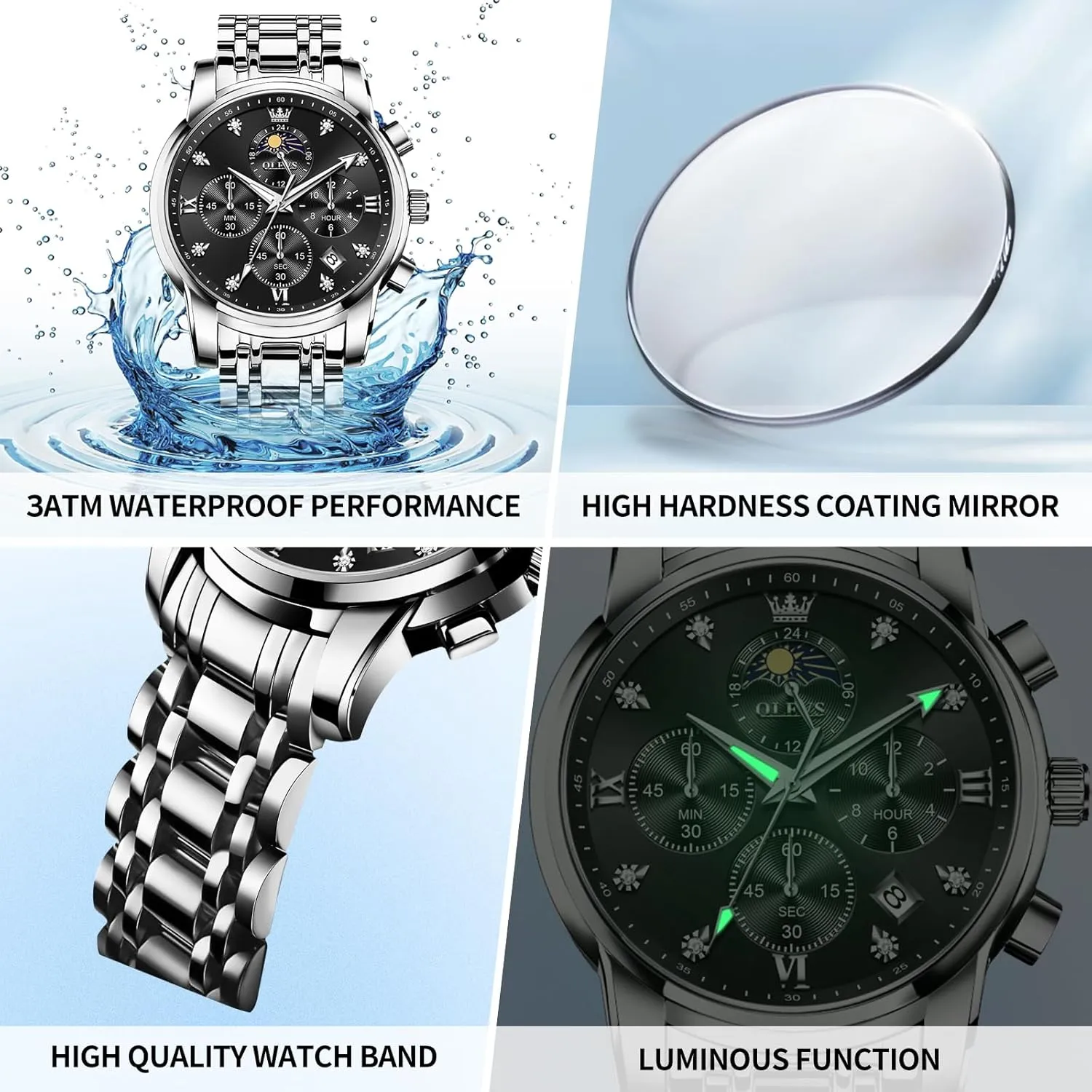 Watch Chronograph Luxury Stainless Steel Big Face Men Watches Multi-Function bulb lessen Easy to Read Diamond Roman Numerals Business Wristwatch Reloj para Hombre OLEVS Watches for Men Dress 
