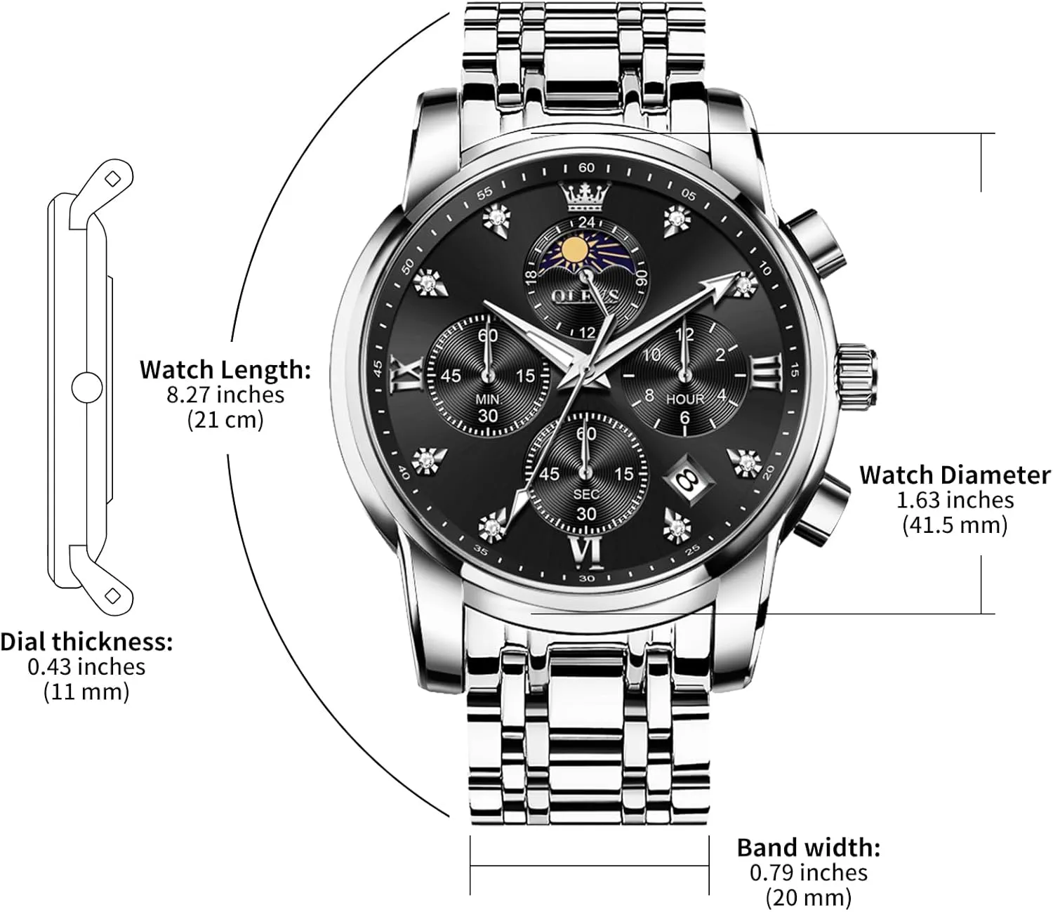 Watch Chronograph Luxury Stainless Steel Big Face Men Watches Multi-Function bulb lessen Easy to Read Diamond Roman Numerals Business Wristwatch Reloj para Hombre OLEVS Watches for Men Dress 