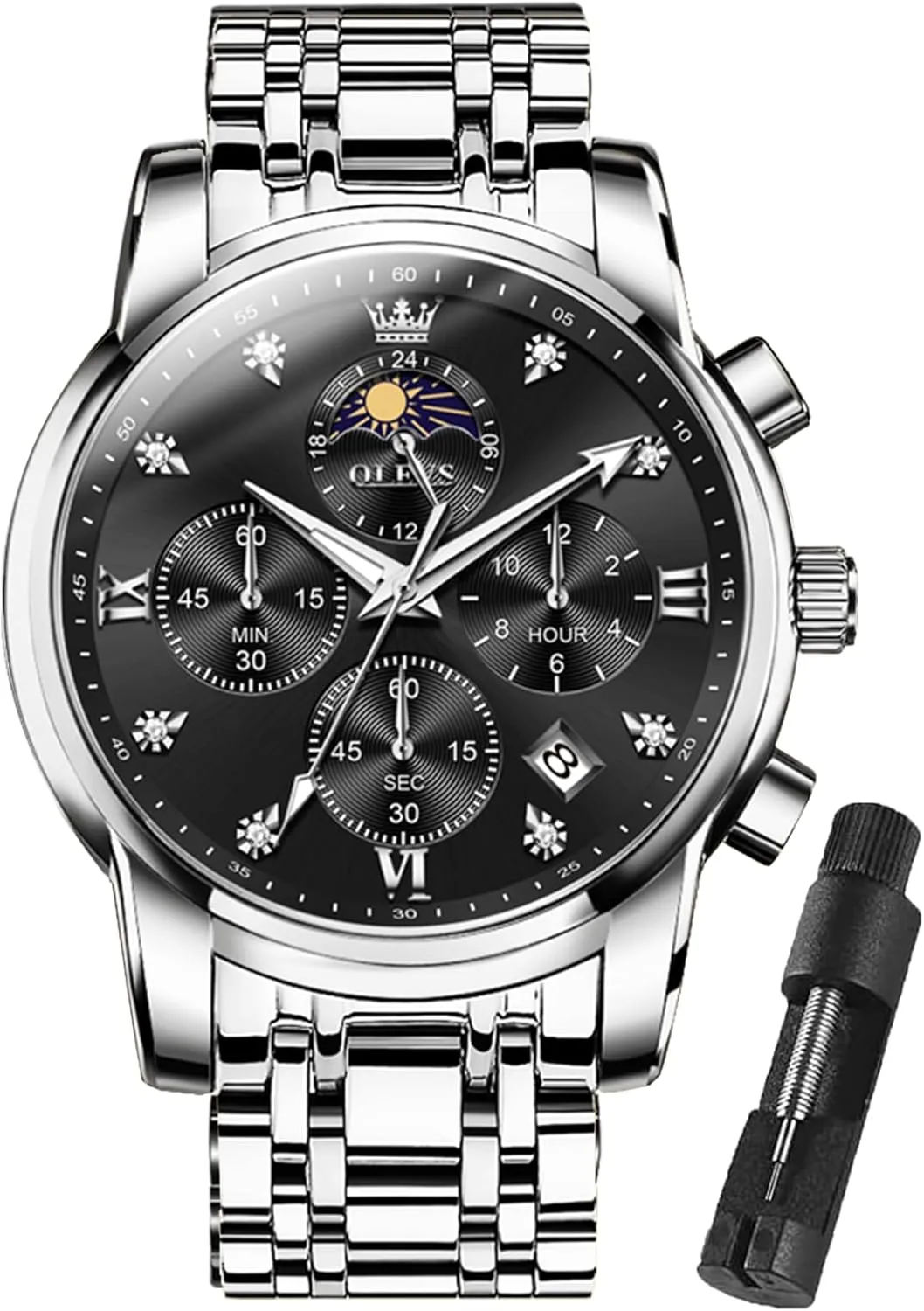 Watch Chronograph Luxury Stainless Steel Big Face Men Watches Multi-Function bulb lessen Easy to Read Diamond Roman Numerals Business Wristwatch Reloj para Hombre OLEVS Watches for Men Dress 