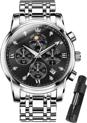 Watch Chronograph Luxury Stainless Steel Big Face Men Watches Multi-Function bulb lessen Easy to Read Diamond Roman Numerals Business Wristwatch Reloj para Hombre OLEVS Watches for Men Dress 