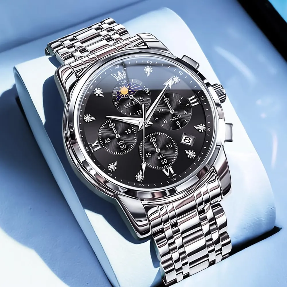 Watch Chronograph Luxury Stainless Steel Big Face Men Watches Multi-Function bulb lessen Easy to Read Diamond Roman Numerals Business Wristwatch Reloj para Hombre OLEVS Watches for Men Dress 