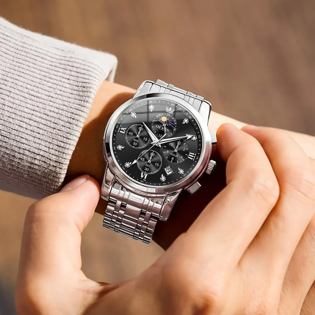 Watch Chronograph Luxury Stainless Steel Big Face Men Watches Multi-Function bulb lessen Easy to Read Diamond Roman Numerals Business Wristwatch Reloj para Hombre OLEVS Watches for Men Dress 