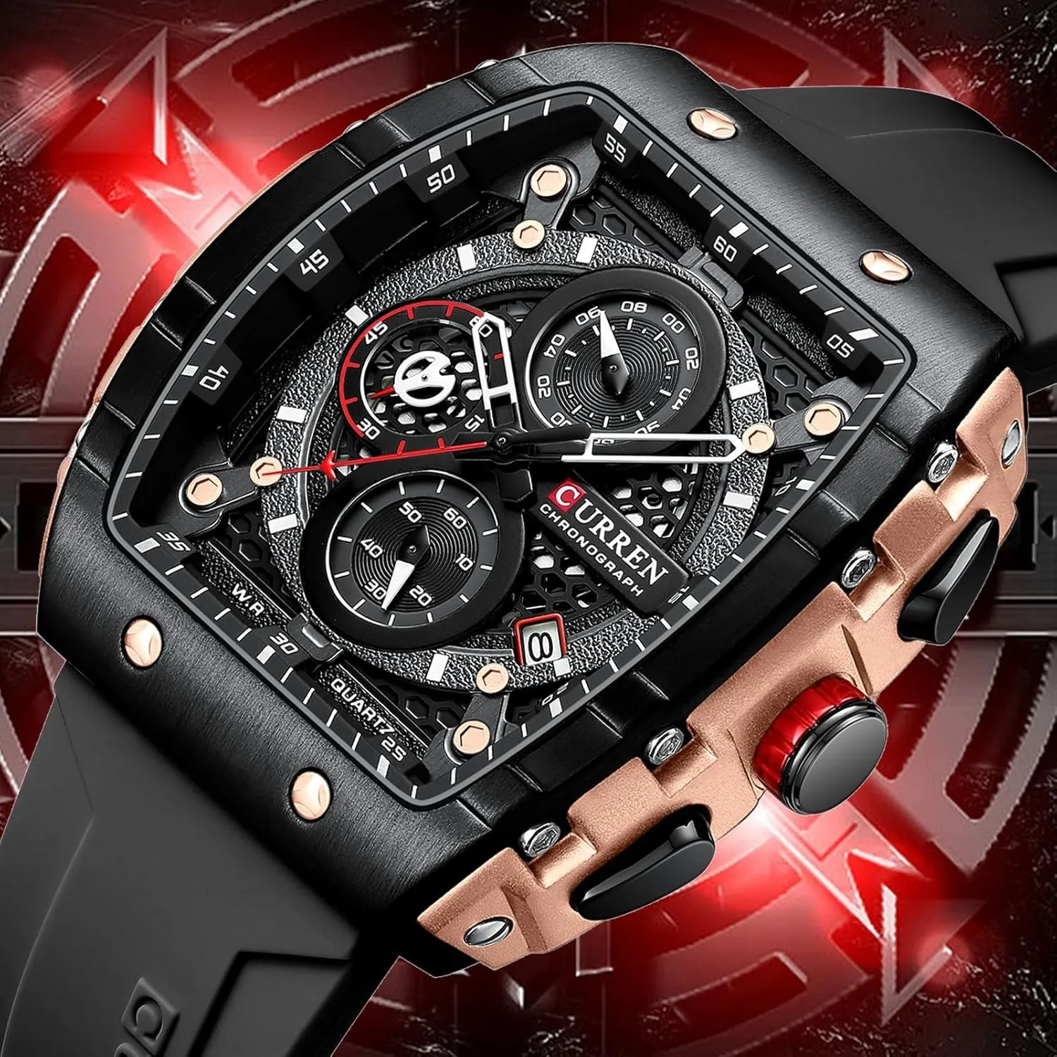 Watch, Chronograph/Stopwatch with Date Display, Silicone Strap Waterproof Barrel-Shaped Wristwatch 6 Sporty Colors FORSINING Men Stylish Tonneau Quartz midday fir Sport 
