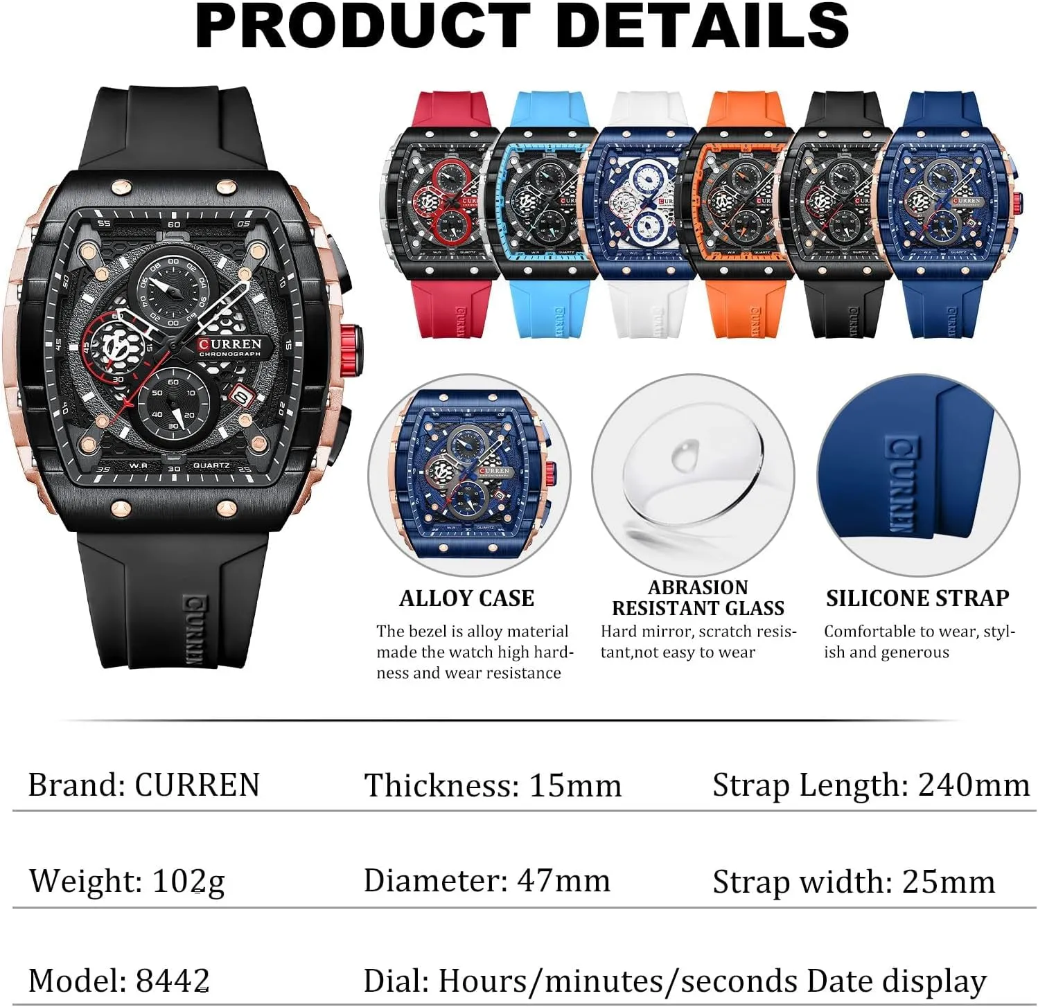 Watch, Chronograph/Stopwatch with Date Display, Silicone Strap Waterproof Barrel-Shaped Wristwatch 6 Sporty Colors FORSINING Men Stylish Tonneau Quartz midday fir Sport 