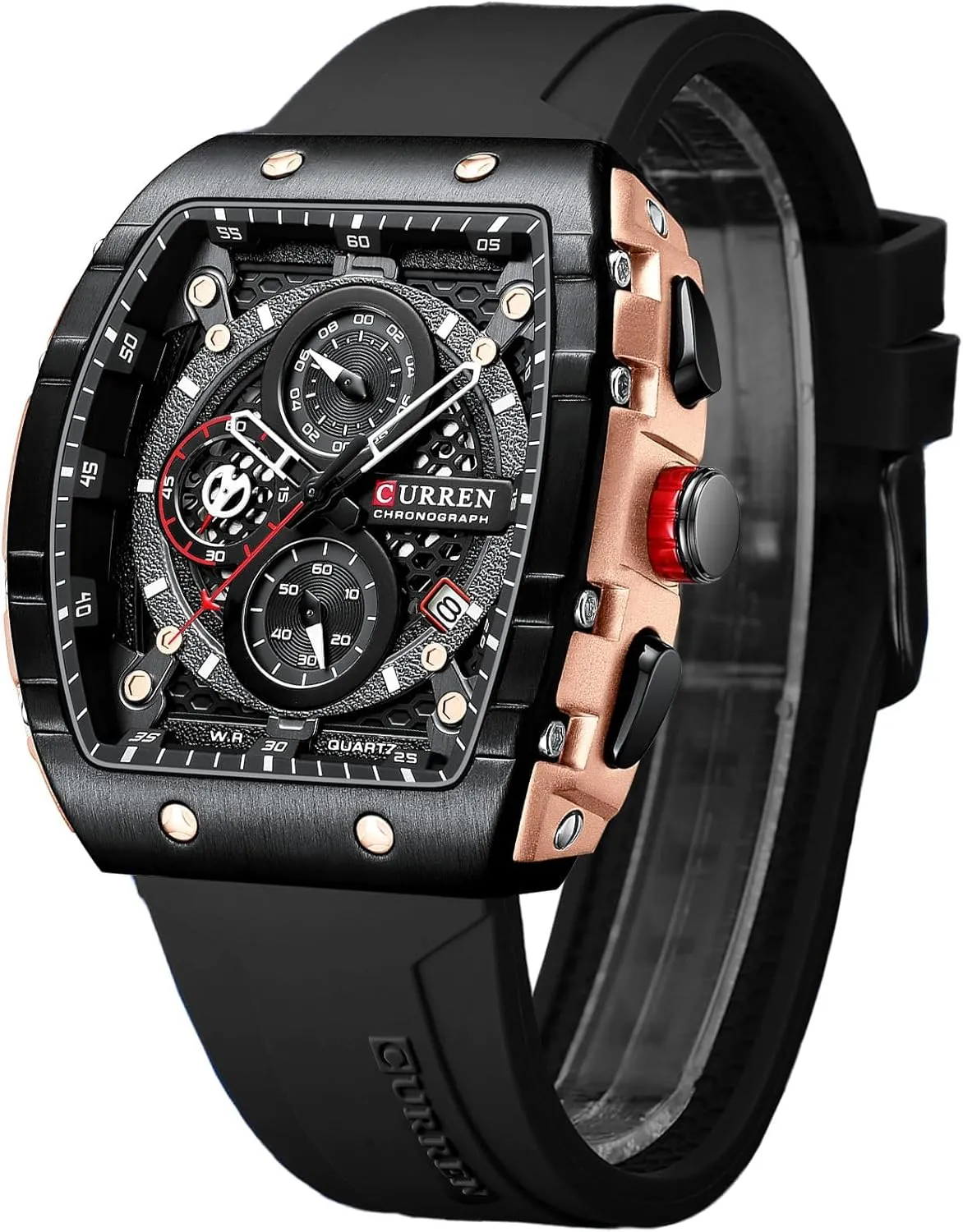 Watch, Chronograph/Stopwatch with Date Display, Silicone Strap Waterproof Barrel-Shaped Wristwatch 6 Sporty Colors FORSINING Men Stylish Tonneau Quartz midday fir Sport 