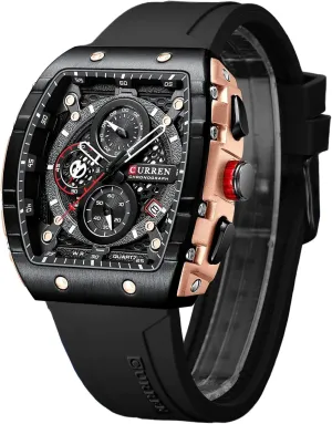 Watch, Chronograph/Stopwatch with Date Display, Silicone Strap Waterproof Barrel-Shaped Wristwatch 6 Sporty Colors FORSINING Men Stylish Tonneau Quartz midday fir Sport 