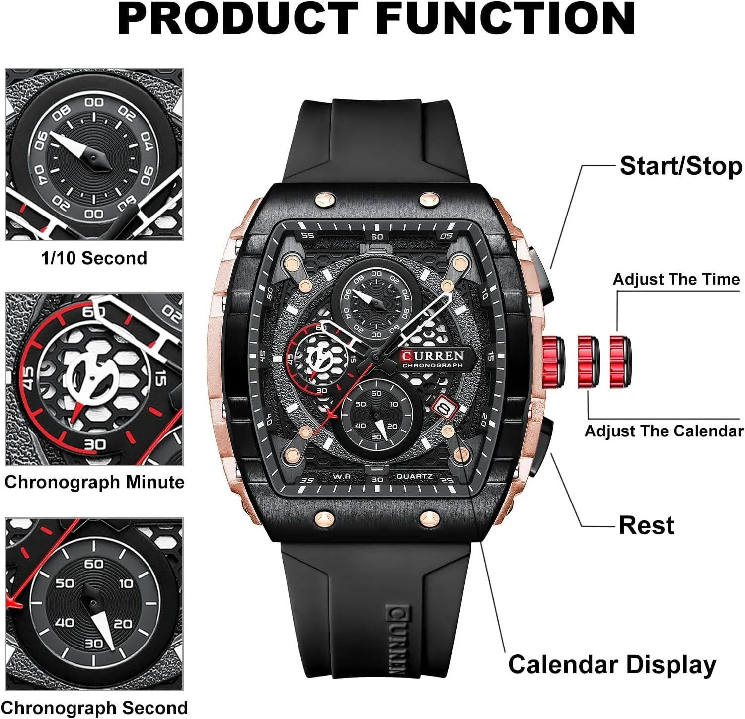 Watch, Chronograph/Stopwatch with Date Display, Silicone Strap Waterproof Barrel-Shaped Wristwatch 6 Sporty Colors FORSINING Men Stylish Tonneau Quartz midday fir Sport 
