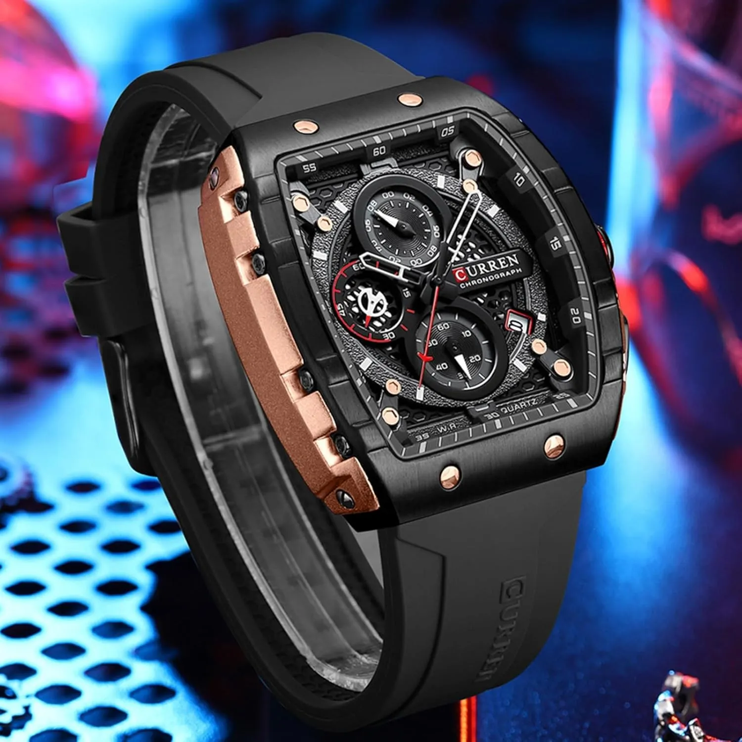 Watch, Chronograph/Stopwatch with Date Display, Silicone Strap Waterproof Barrel-Shaped Wristwatch 6 Sporty Colors FORSINING Men Stylish Tonneau Quartz midday fir Sport 