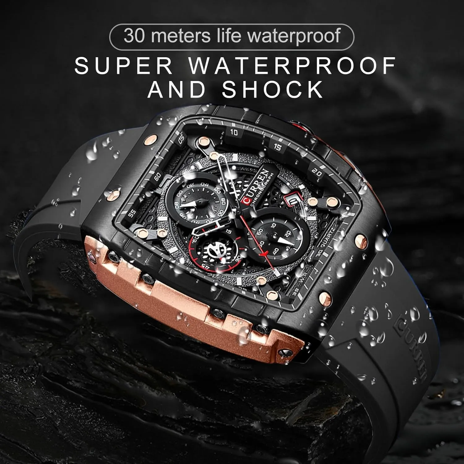 Watch, Chronograph/Stopwatch with Date Display, Silicone Strap Waterproof Barrel-Shaped Wristwatch 6 Sporty Colors FORSINING Men Stylish Tonneau Quartz midday fir Sport 
