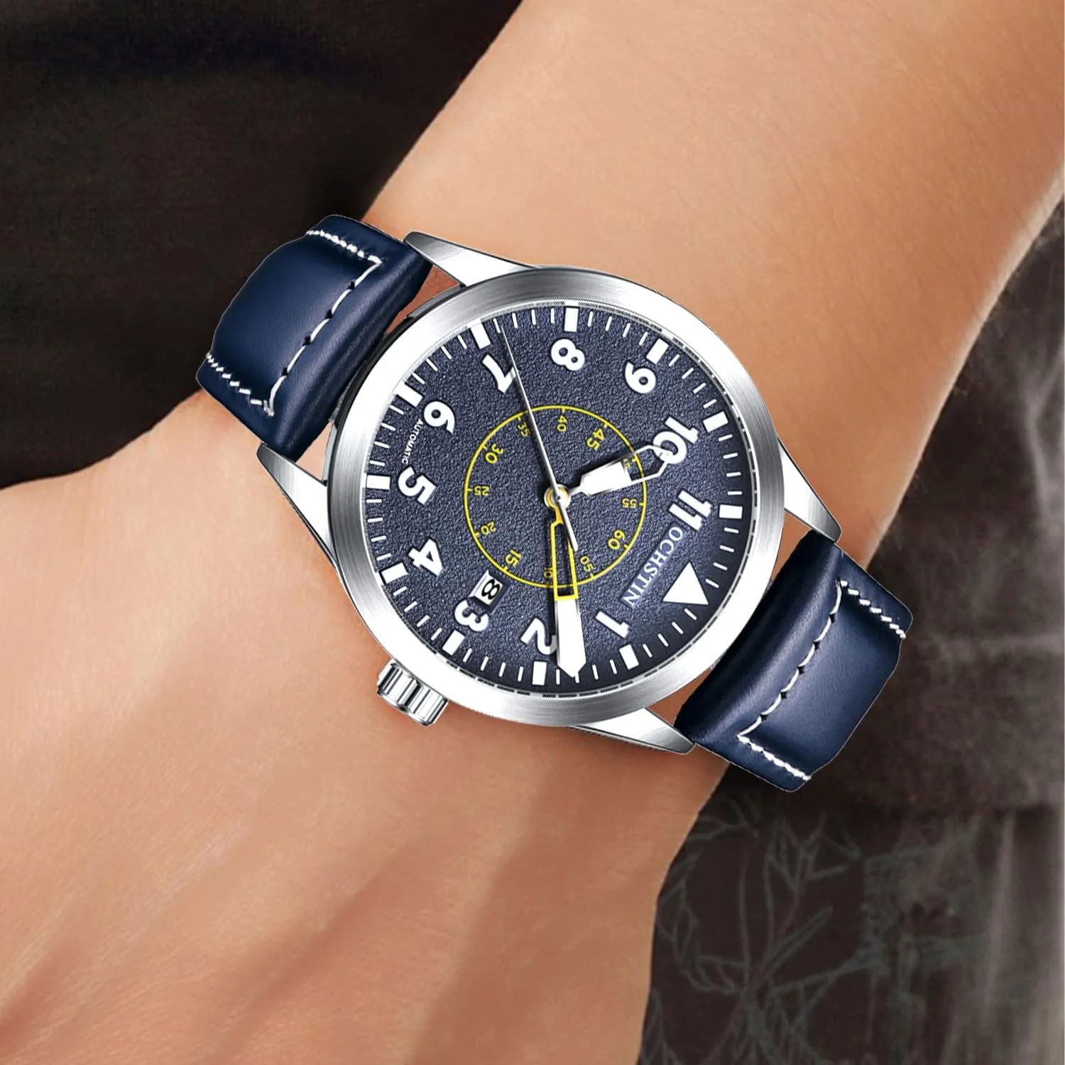 Watch Fashionable Leather Mechanical Watch 30M Waterproof with Night Light and Date, 42MM Flight Officer Watches for Men Men's maritime subsistence chimpanzee attractive Automatic 