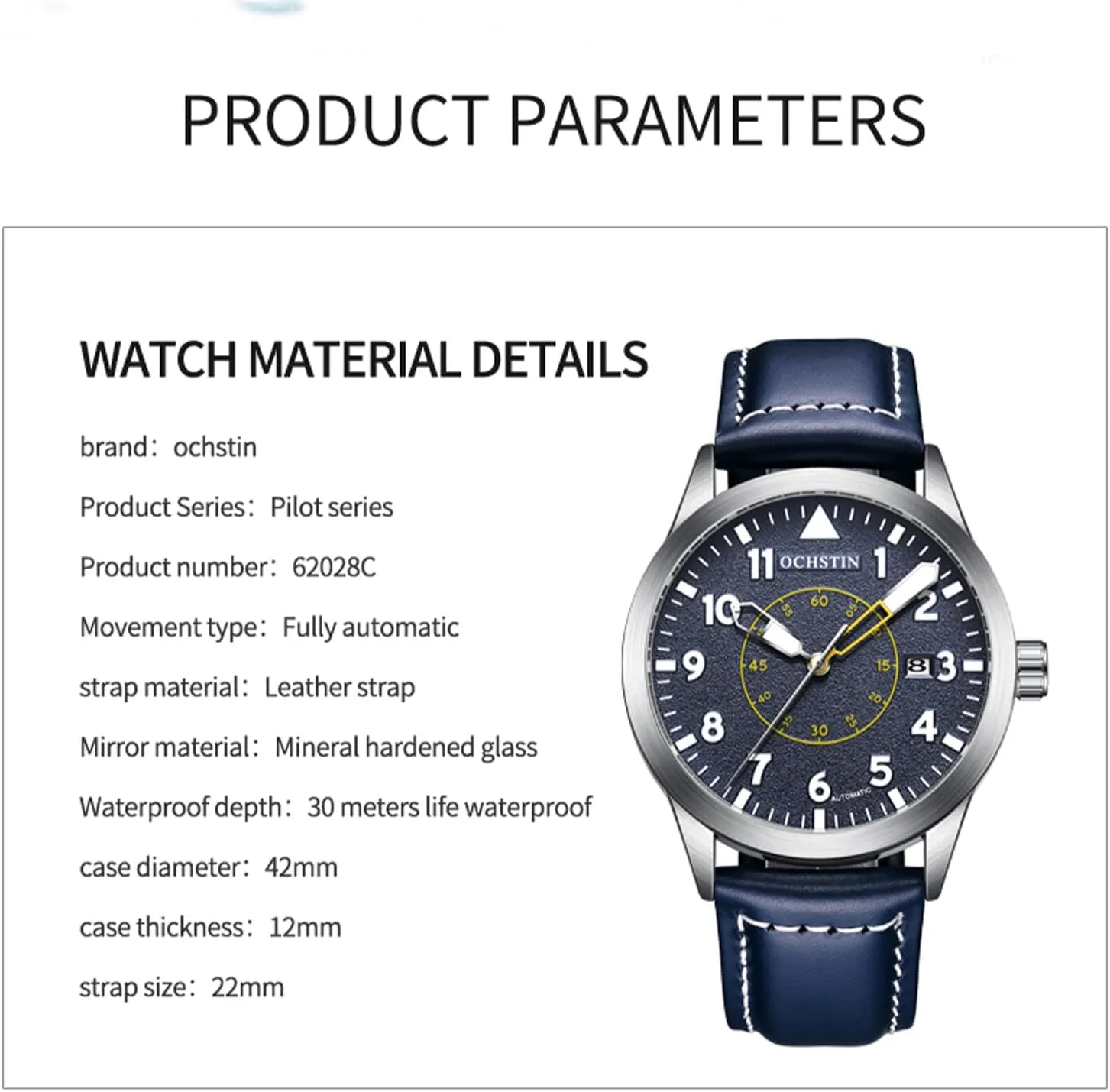 Watch Fashionable Leather Mechanical Watch 30M Waterproof with Night Light and Date, 42MM Flight Officer Watches for Men Men's maritime subsistence chimpanzee attractive Automatic 