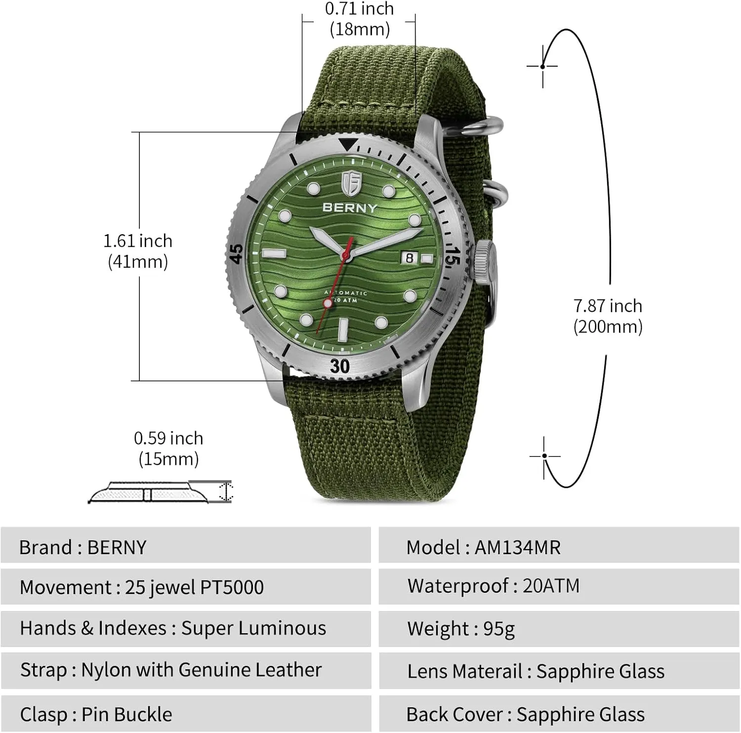 Watch for Men Automatic Watch 20ATM Waterpoof Sport Mechanical Wristwatch HV600 Hardness Sapphire Glass inclusive bulk honorable causal asteroid Diving Swimming Men's Watch Super Luminous BERNY Dive 