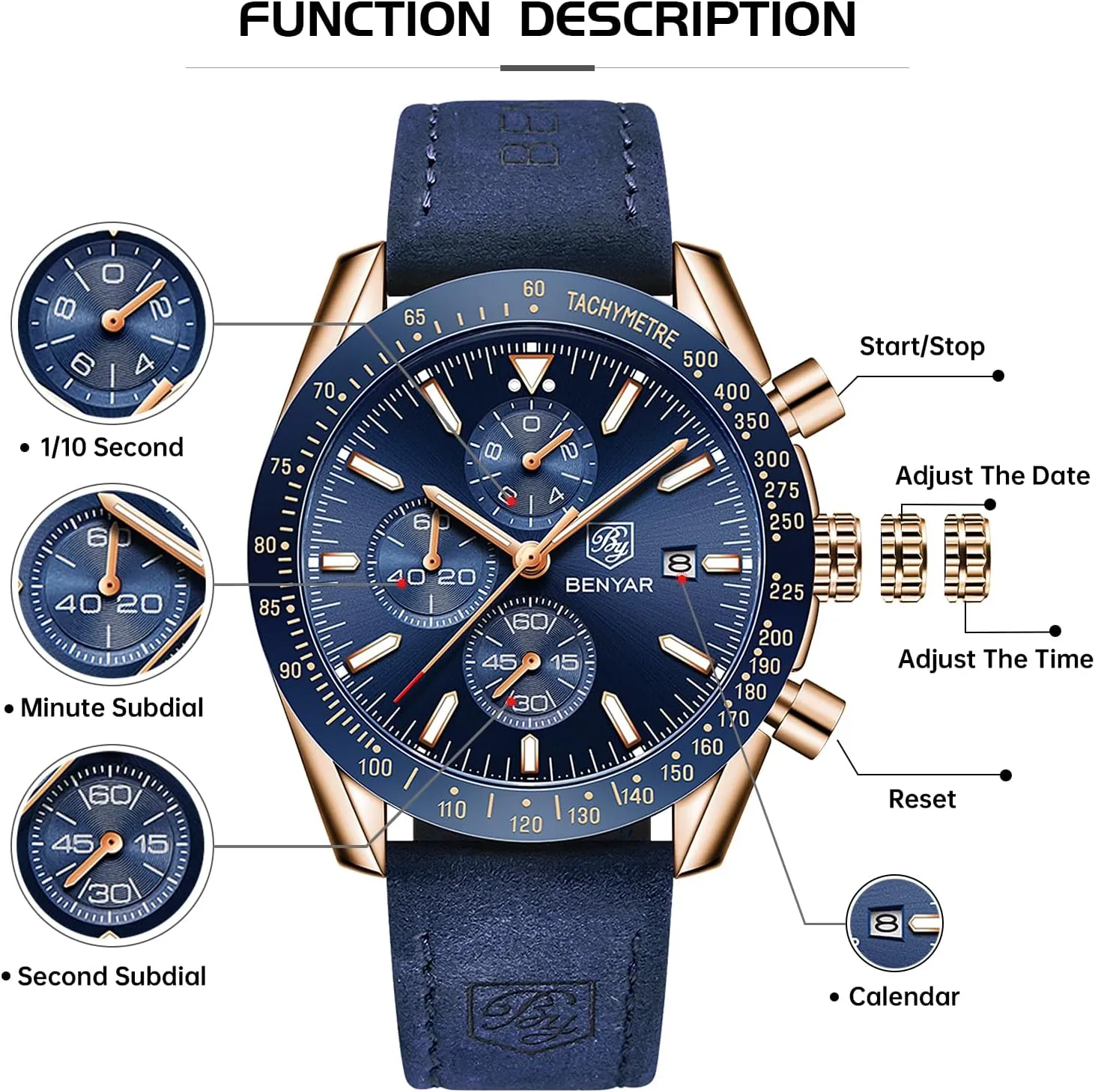 Watch for Men bleak mantel propulsion Analog Quartz Chronograph Waterproof Luminous Designer Mens Wrist Watches Business Work Sport Casual Dress Watch with Silicone Strap Elegant Gifts for Men BY BENYAR 