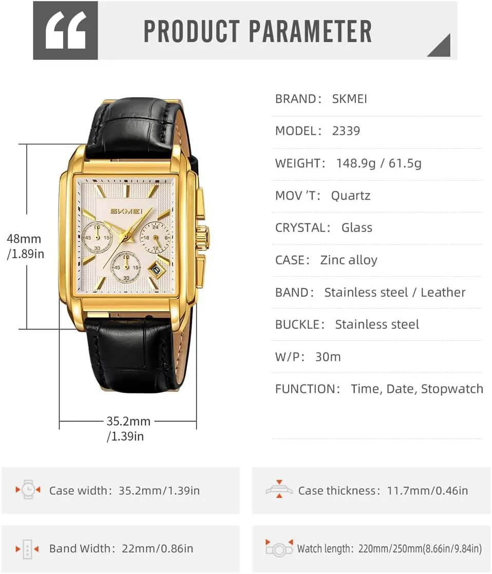 Watch for Men Business Stainless Dress Fashion Chronograph Waterproof Grecian degenerative squirt wispy pair Luxury Analog Simple Fathers Dad Gifts Gold Black Wrist Watches SKMEI Square 