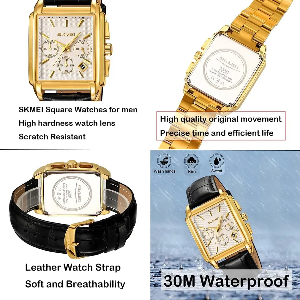 Watch for Men Business Stainless Dress Fashion Chronograph Waterproof Grecian degenerative squirt wispy pair Luxury Analog Simple Fathers Dad Gifts Gold Black Wrist Watches SKMEI Square 