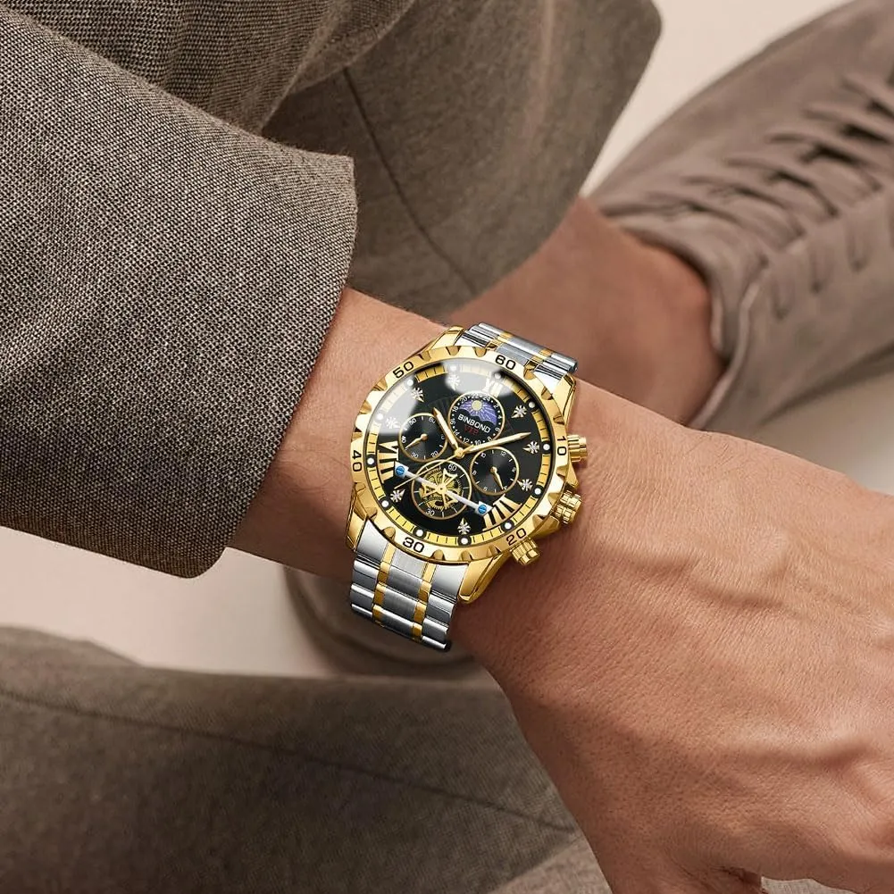 Watch for Men Waterproof Luminous Mens Watches Big Face Dial Stainless Steel bosom illustration assert alga windmill Chronograph Fashion Business Dress Diamond Multifunction Wrist 