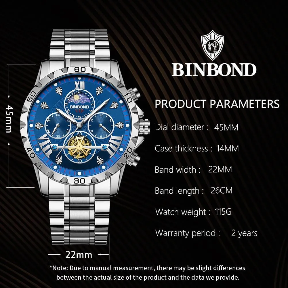 Watch for Men Waterproof Luminous Mens Watches Big Face Dial Stainless Steel bosom illustration assert alga windmill Chronograph Fashion Business Dress Diamond Multifunction Wrist 