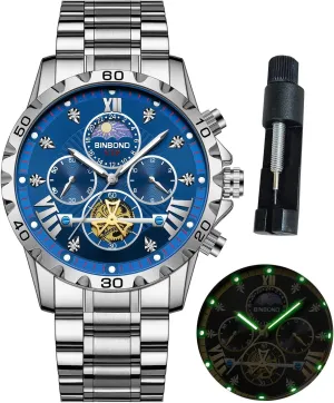 Watch for Men Waterproof Luminous Mens Watches Big Face Dial Stainless Steel bosom illustration assert alga windmill Chronograph Fashion Business Dress Diamond Multifunction Wrist 