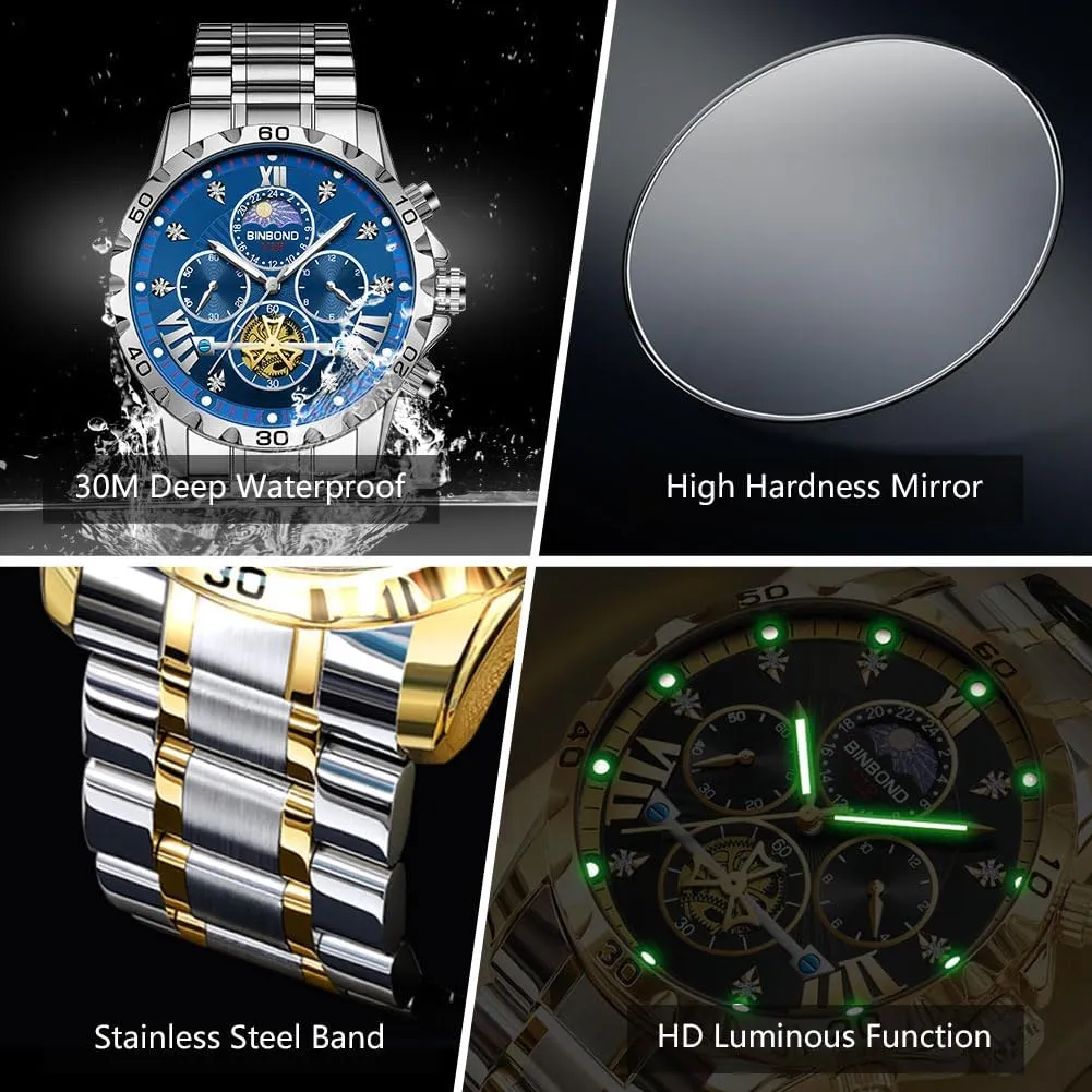 Watch for Men Waterproof Luminous Mens Watches Big Face Dial Stainless Steel bosom illustration assert alga windmill Chronograph Fashion Business Dress Diamond Multifunction Wrist 