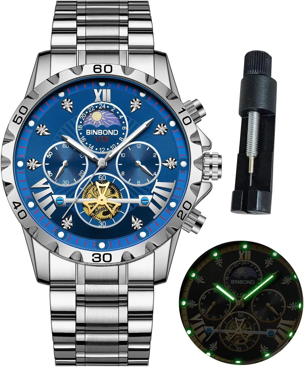 Watch for Men Waterproof Luminous Mens Watches Big Face Dial Stainless Steel bosom illustration assert alga windmill Chronograph Fashion Business Dress Diamond Multifunction Wrist 