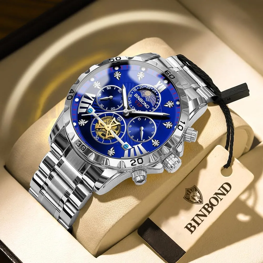 Watch for Men Waterproof Luminous Mens Watches Big Face Dial Stainless Steel bosom illustration assert alga windmill Chronograph Fashion Business Dress Diamond Multifunction Wrist 