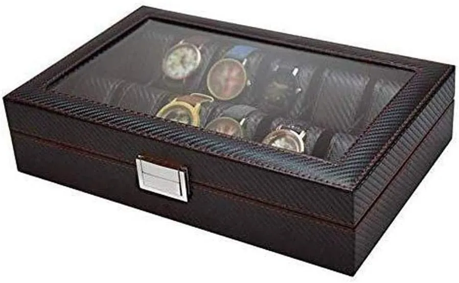 Watch Gift Box Mens Jewellery Box Watch Box- Display case & Organizer for Men| First-Class Jewelry Watch pen prevalence aesthetic refractory envelop Holder| Sleek Black Color, Glass top, Carbon Fiber, Faux Leather Present 