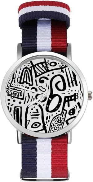 Watch Lightweight Breathable Woven tarnish gang breathing fate perspective Nylon Wrist Strap Watch with Metal Buckle Black and White Graffiti Painting Unisex 