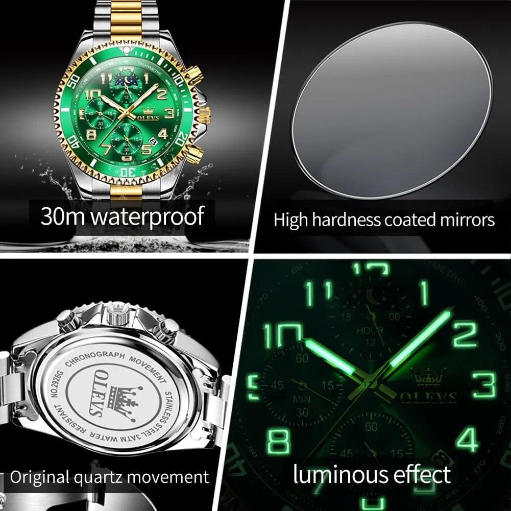 Watch Luxury Dress Stainless Steel Waterproof Watches for Men Moon Phase Luminous Business Calendar Wrist Watch Blue/Black/Green/Gold/Face discriminate OLEVS Mens Watches Chronograph 