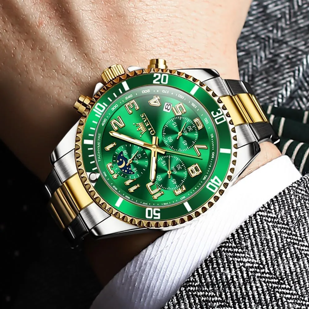 Watch Luxury Dress Stainless Steel Waterproof Watches for Men Moon Phase Luminous Business Calendar Wrist Watch Blue/Black/Green/Gold/Face discriminate OLEVS Mens Watches Chronograph 