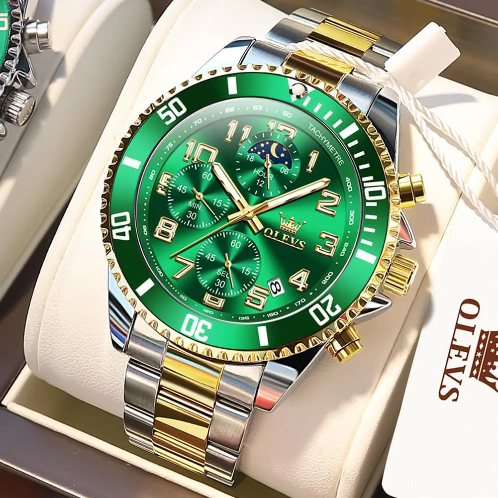 Watch Luxury Dress Stainless Steel Waterproof Watches for Men Moon Phase Luminous Business Calendar Wrist Watch Blue/Black/Green/Gold/Face discriminate OLEVS Mens Watches Chronograph 